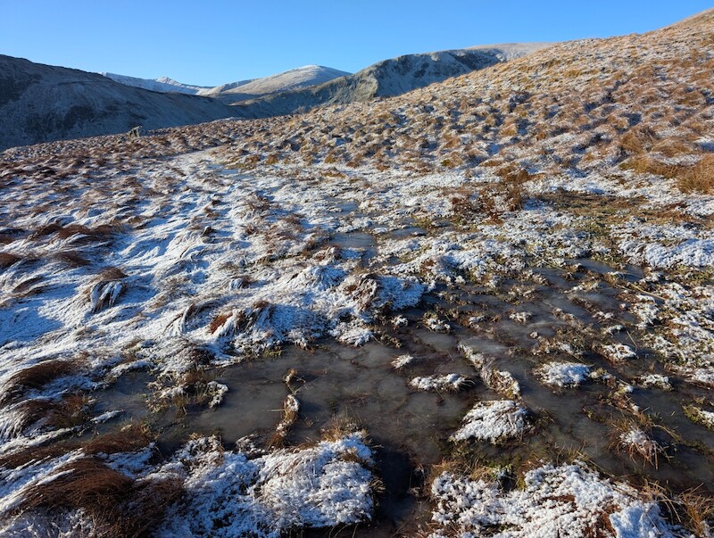 Very glad to have my running spikes on my shoes - there was a lot of ice - © Copyright 2025 Peter Burlingham, Days In The Lakes