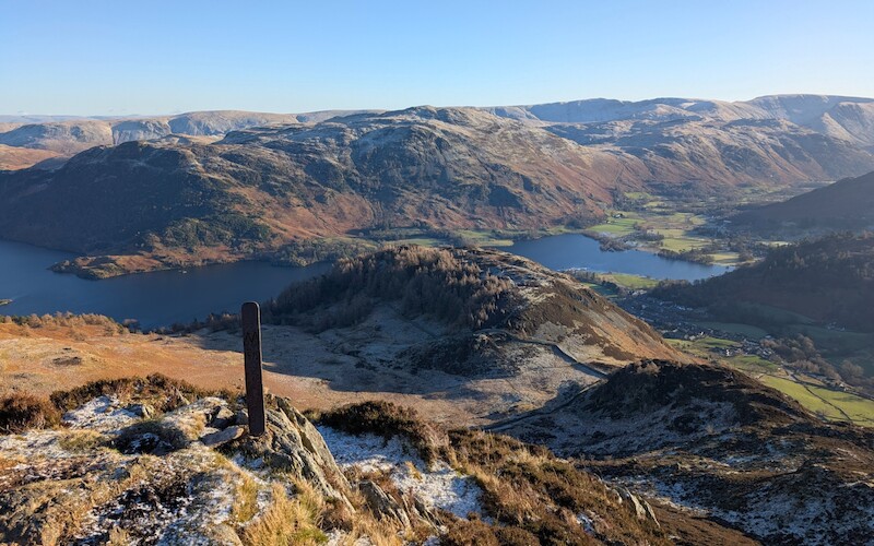 Heron Pike with its marker post, Glenridding down in the valley to the right - © Copyright 2025 Peter Burlingham, Days In The Lakes