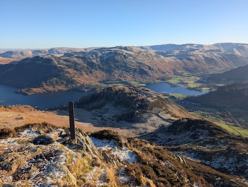 Heron Pike with its marker post, Glenridding down in the valley to the right - © Copyright 2025 Peter Burlingham, Days In The Lakes