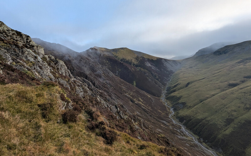 The ridgeline to the left that we would follow to the top of the beck - © Copyright 2025 Peter Burlingham, Days In The Lakes