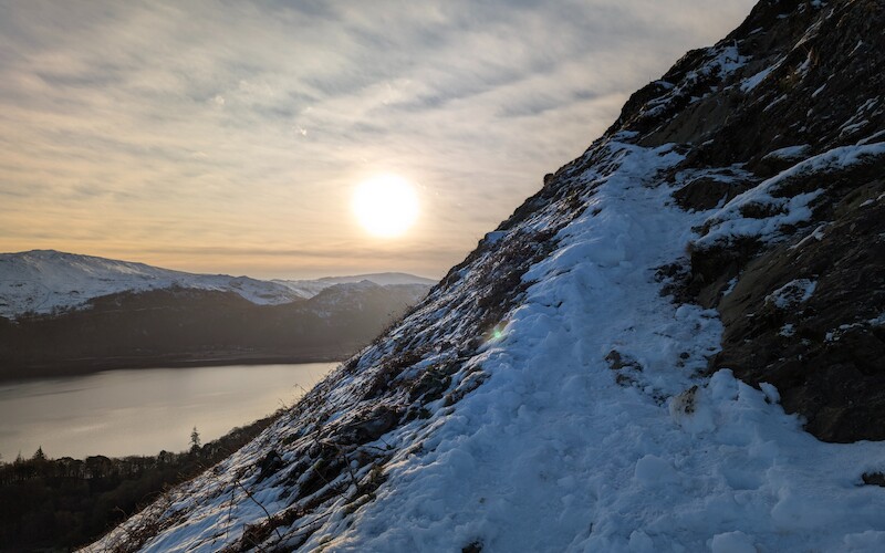 And not much further up the path was covered with compacted snow with an icy crust - © Copyright 2025 Peter Burlingham, Days In The Lakes