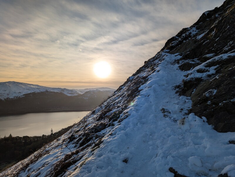 And not much further up the path was covered with compacted snow with an icy crust - © Copyright 2025 Peter Burlingham, Days In The Lakes
