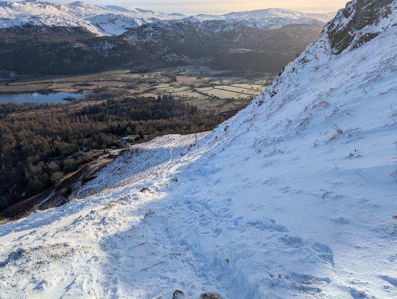 The steps just about visible through the snow at Hause Gate - © Copyright 2025 Peter Burlingham, Days In The Lakes