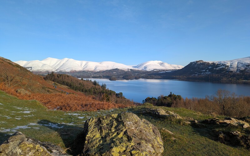 Back on the Cat Bells terrace path, out of the snow and on easier ground - © Copyright 2025 Peter Burlingham, Days In The Lakes
