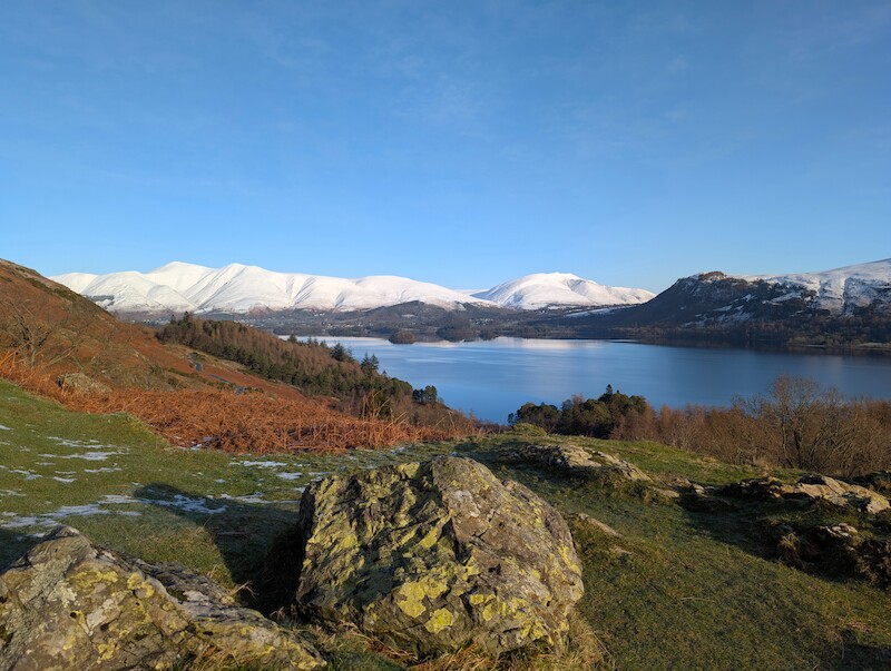 Back on the Cat Bells terrace path, out of the snow and on easier ground - © Copyright 2025 Peter Burlingham, Days In The Lakes
